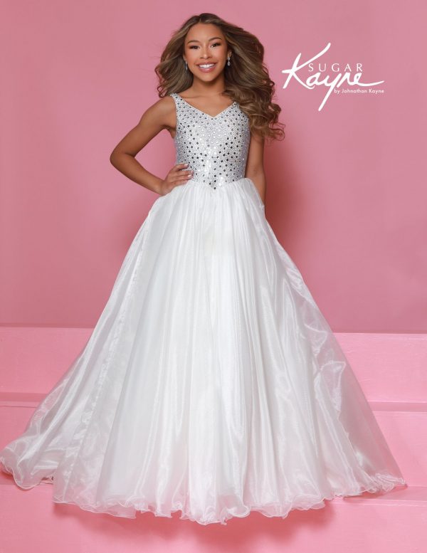 White sparkle bodice formal gown for girls with v-neck top and full organza skirt, designed for pageants or flower girls.